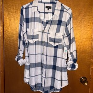 Navy and white button up blouse.